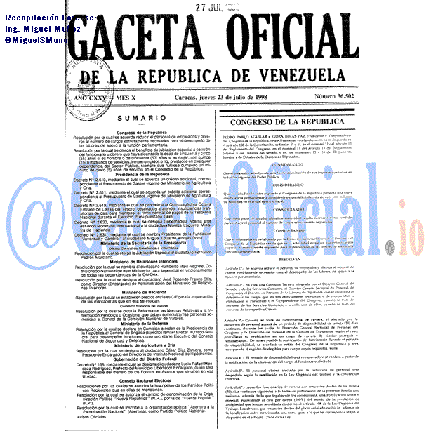 Gaceta Oficial 36502 del 23 Julio 1998