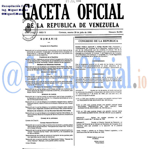Gaceta Oficial 36504 del 28 Julio 1998