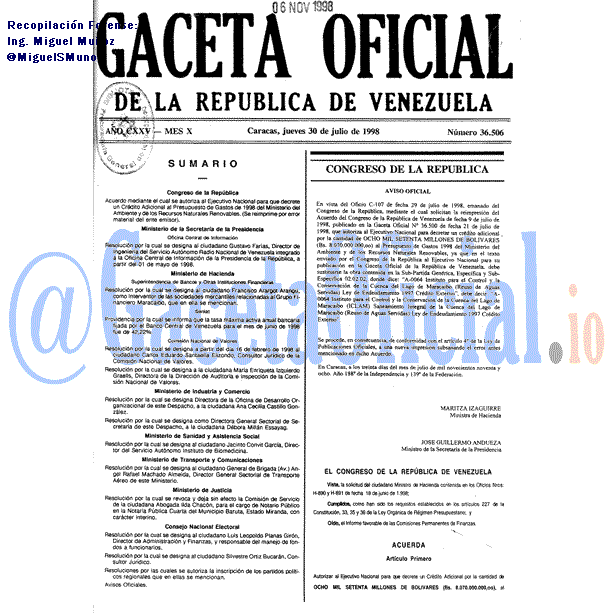 Gaceta Oficial 36506 del 30 Julio 1998