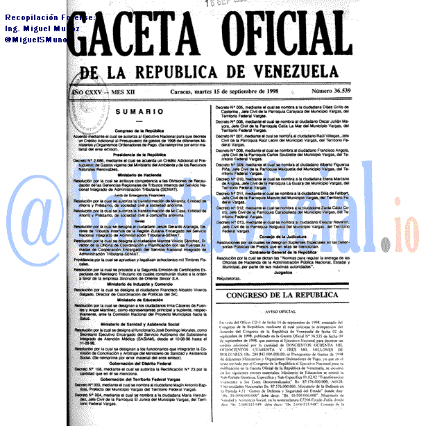 Gaceta Oficial 36539 del 15 Septiembre 1998