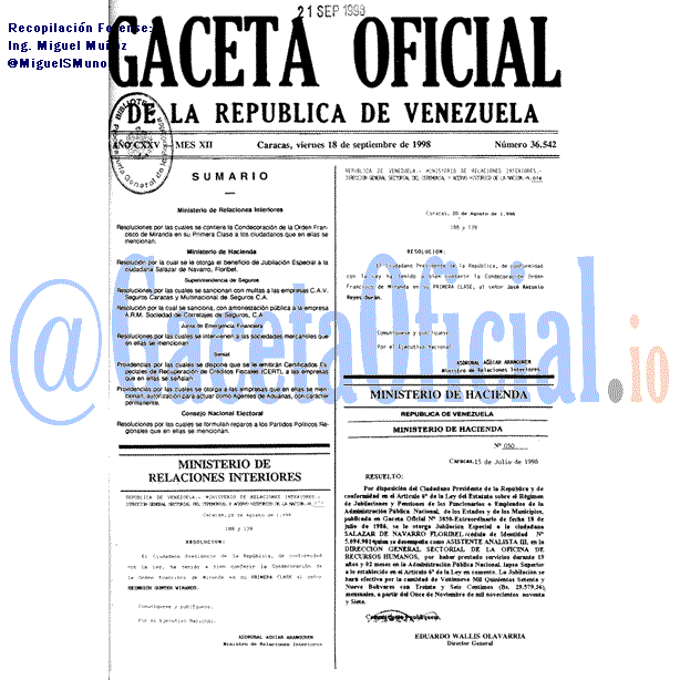 Gaceta Oficial 36542 del 18 Septiembre 1998