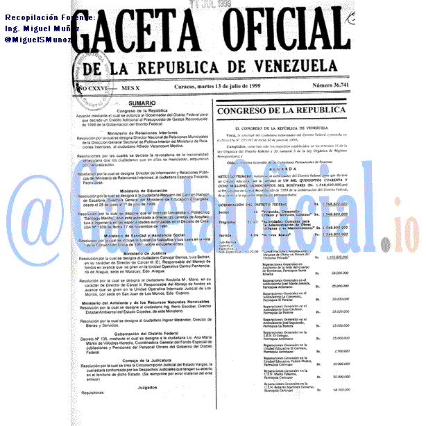 Gaceta Oficial 36741 del 13 Julio 1999