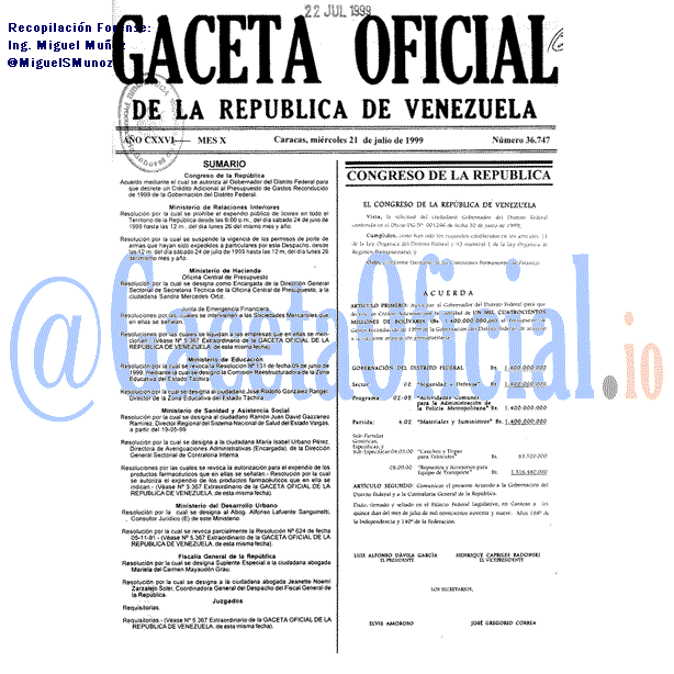 Gaceta Oficial 36747 del 21 Julio 1999