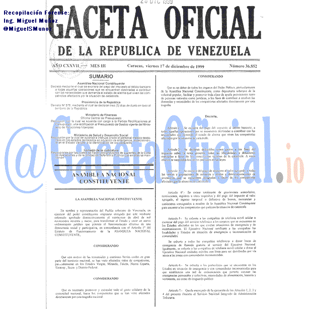 Gaceta Oficial 36852 del 17 Diciembre 1999