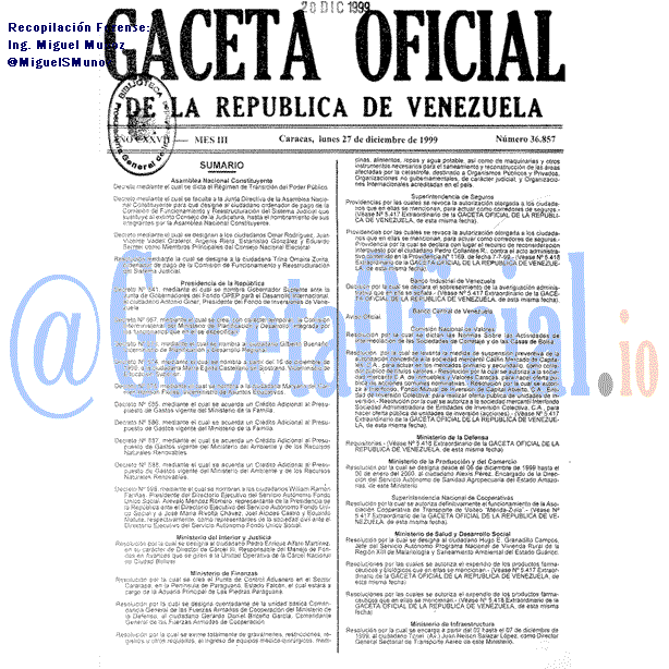 Gaceta Oficial 36857 del 27 Diciembre 1999