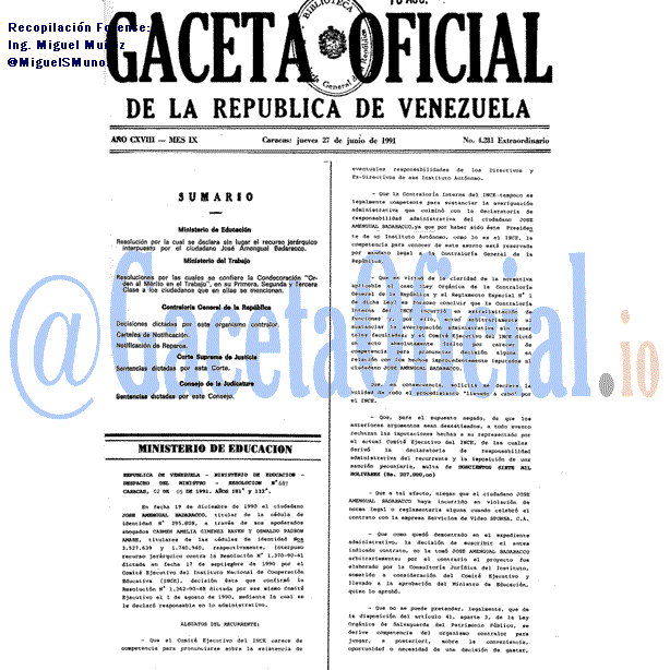 Gaceta Oficial 4281 del 27 Junio 1991