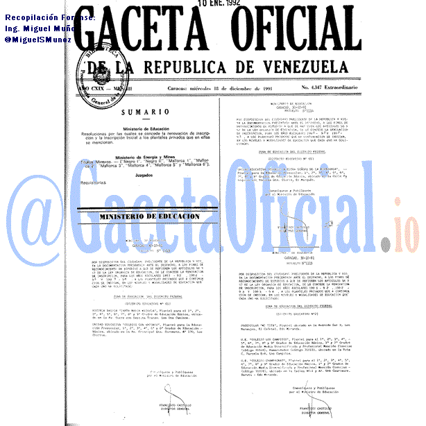 Gaceta Oficial 4347 del 18 Diciembre 1991