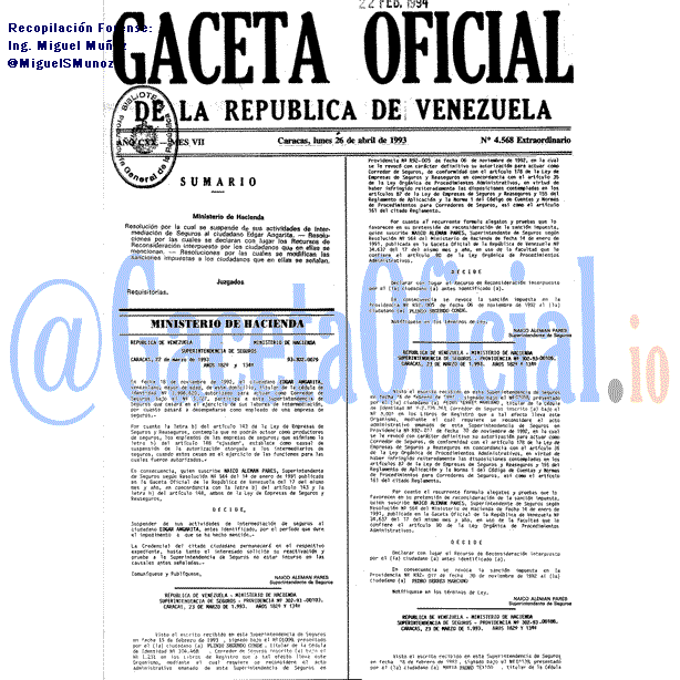 Gaceta Oficial 4568 del 26 Abril 1993