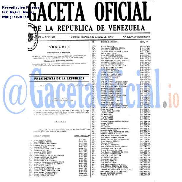Gaceta Oficial 4639 del 5 Octubre 1993