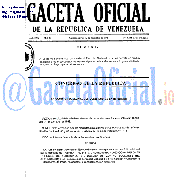Gaceta Oficial 4648 del 12 Noviembre 1993