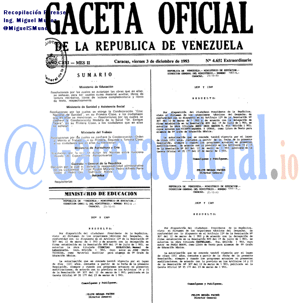 Gaceta Oficial 4651 del 3 Diciembre 1993