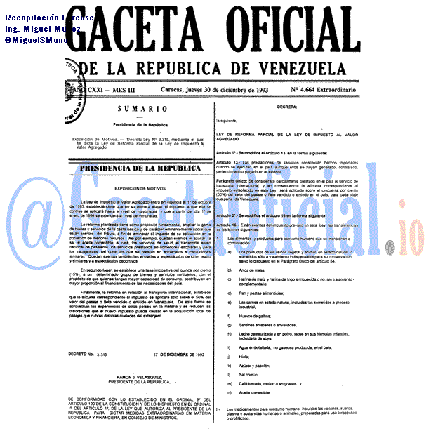 Gaceta Oficial 4664 del 30 Diciembre 1993