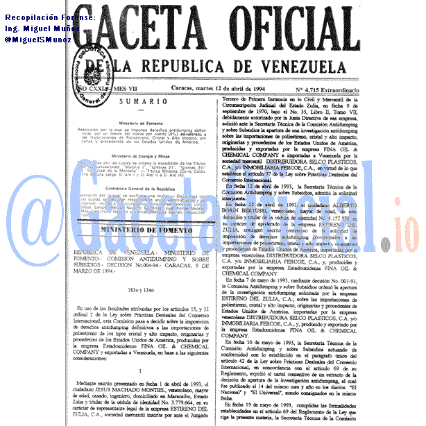 Gaceta Oficial 4715 del 12 Abril 1994