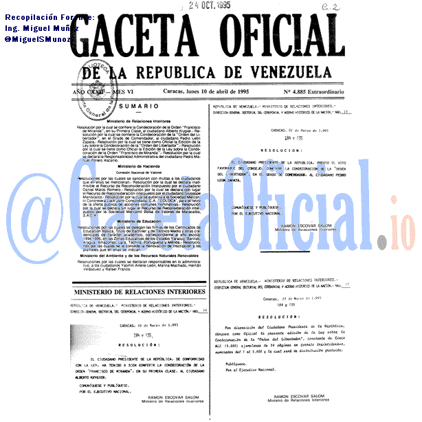 Gaceta Oficial 4885 del 10 Abril 1995