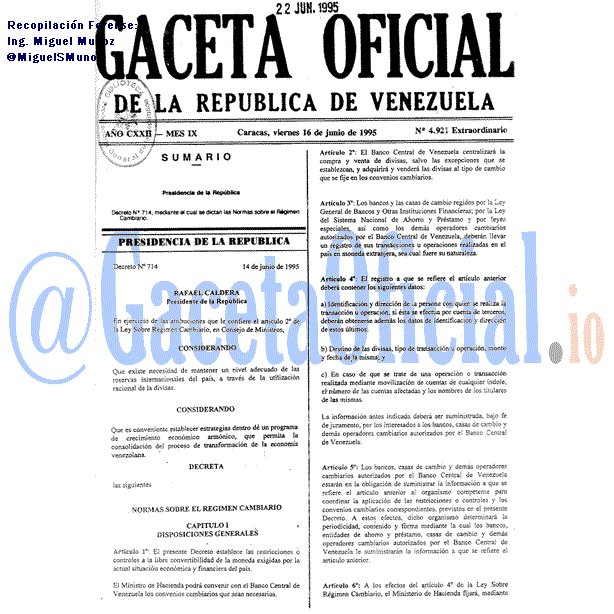 Gaceta Oficial 4921 del 16 Junio 1995