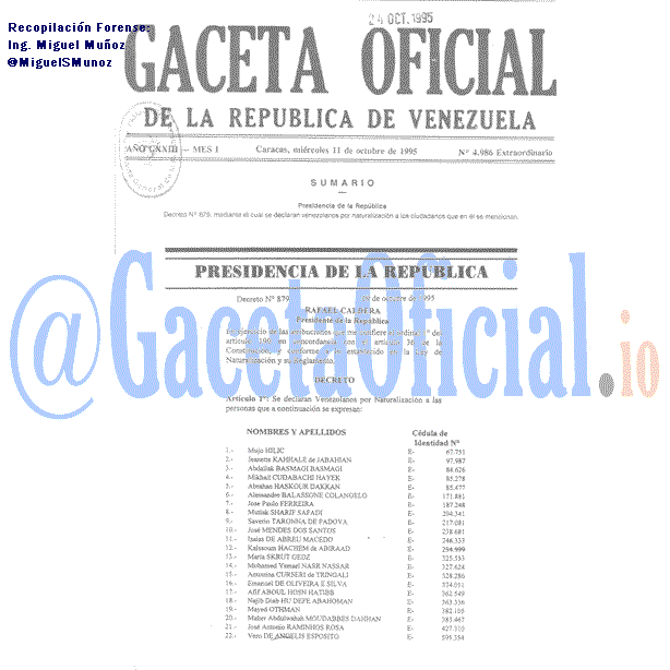 Gaceta Oficial 4986 del 11 Octubre 1995