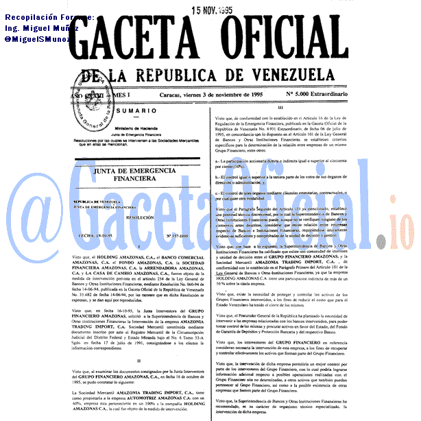 Gaceta Oficial 5000 del 3 Noviembre 1995