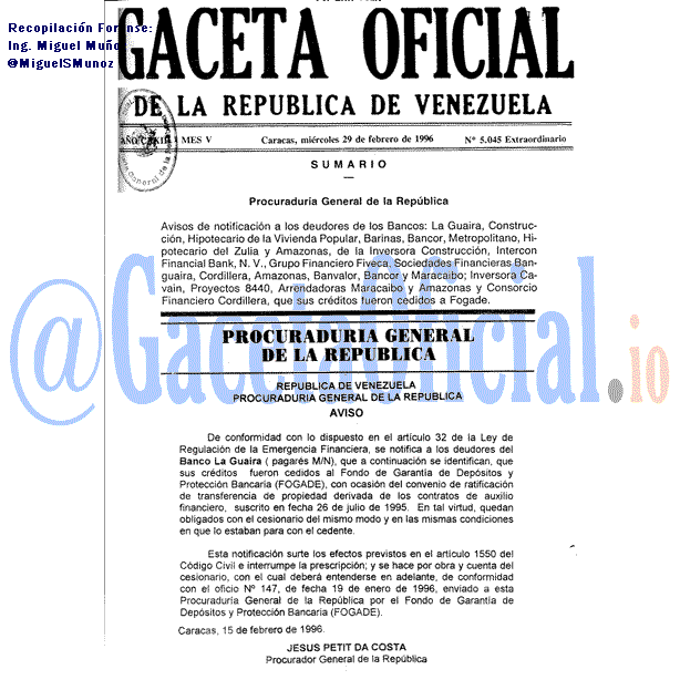 Gaceta Oficial 5045 del 29 Febrero 1996