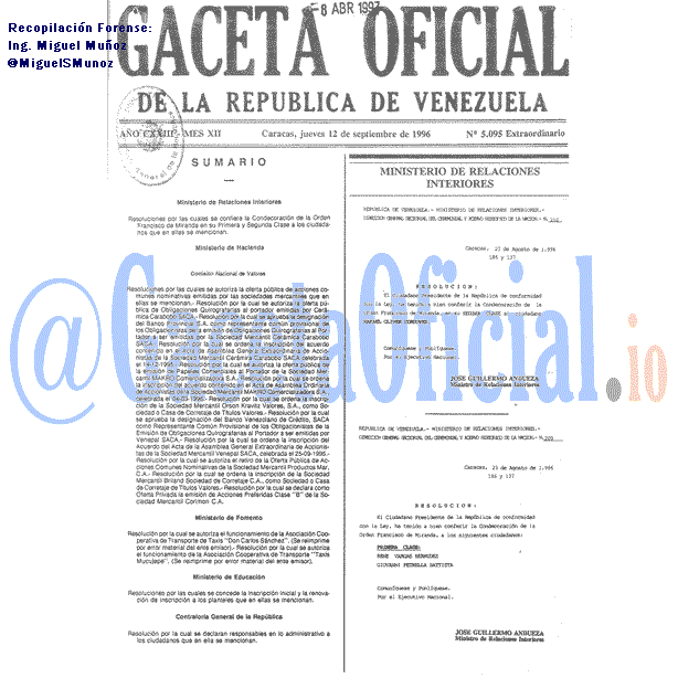 Gaceta Oficial 5095 del 12 Septiembre 1996