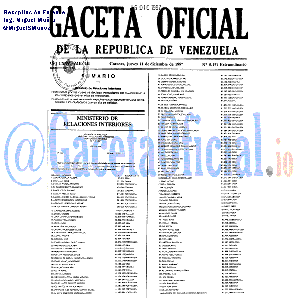 Gaceta Oficial 5191 del 11 Diciembre 1997