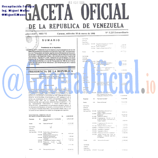 Gaceta Oficial 5225 del 18 Marzo 1998