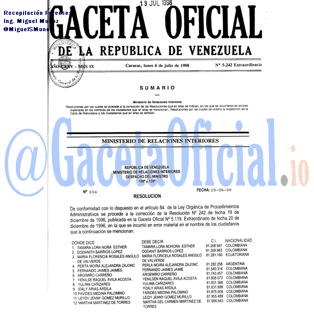 Gaceta Oficial 5242 del 6 Julio 1998
