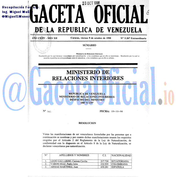 Gaceta Oficial 5267 del 9 Octubre 1998