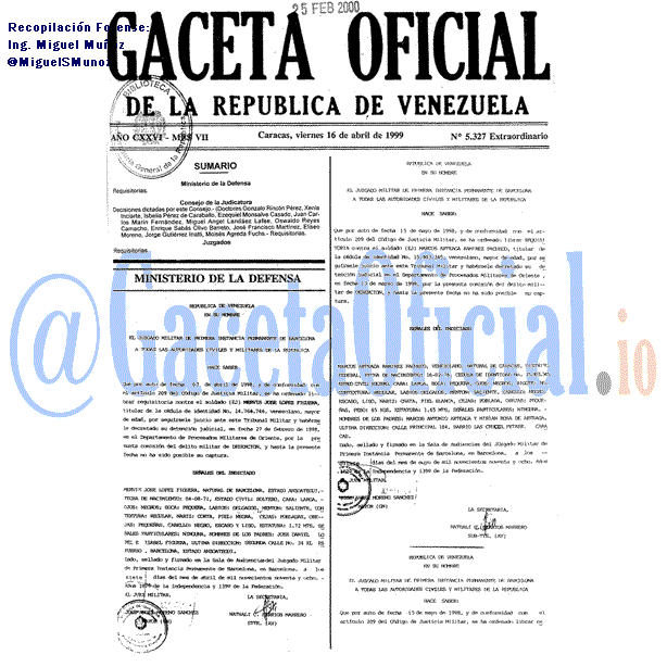 Gaceta Oficial 5327 del 16 Abril 1999