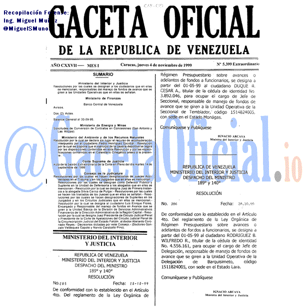 Gaceta Oficial 5399 del 4 Noviembre 1999