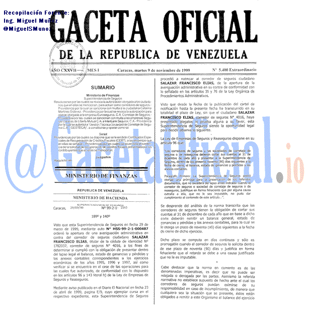 Gaceta Oficial 5400 del 9 Noviembre 1999