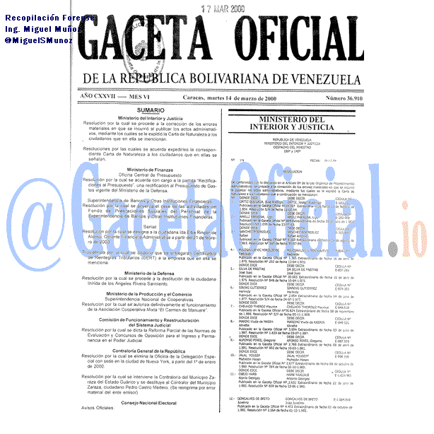 Gaceta Oficial 36910 del 14 Marzo 2000