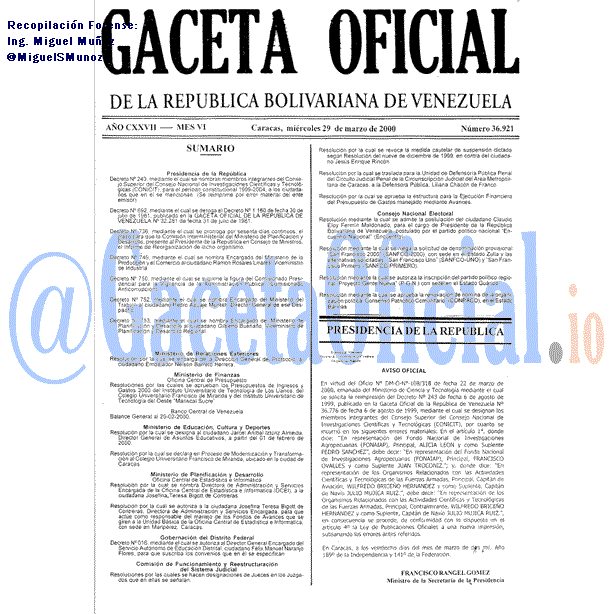 Gaceta Oficial 36921 del 29 Marzo 2000