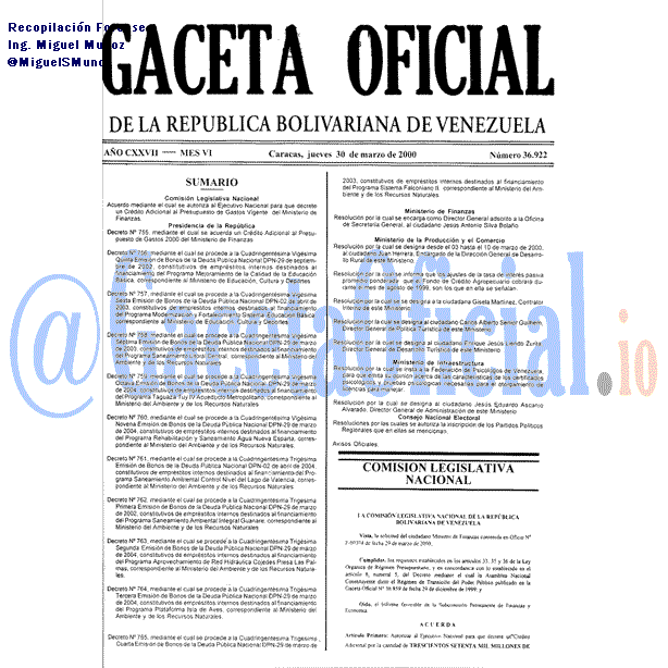 Gaceta Oficial 36922 del 30 Marzo 2000