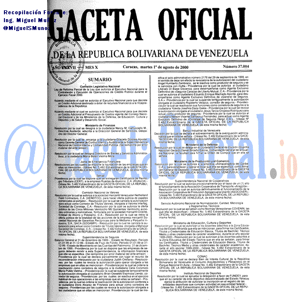 Gaceta Oficial 37004 del 1 Agosto 2000