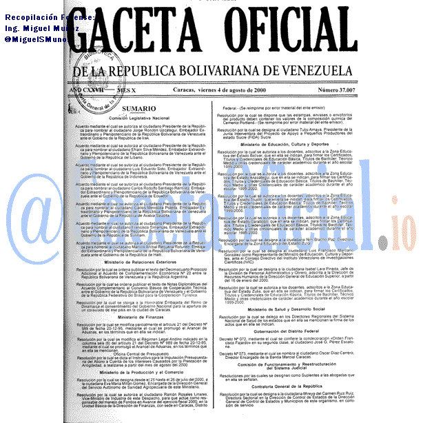 Gaceta Oficial 37007 del 4 Agosto 2000