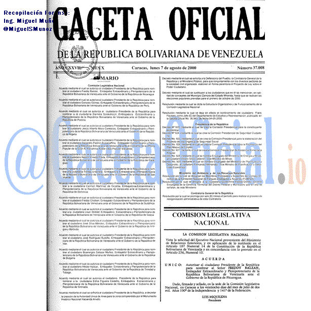 Gaceta Oficial 37008 del 7 Agosto 2000