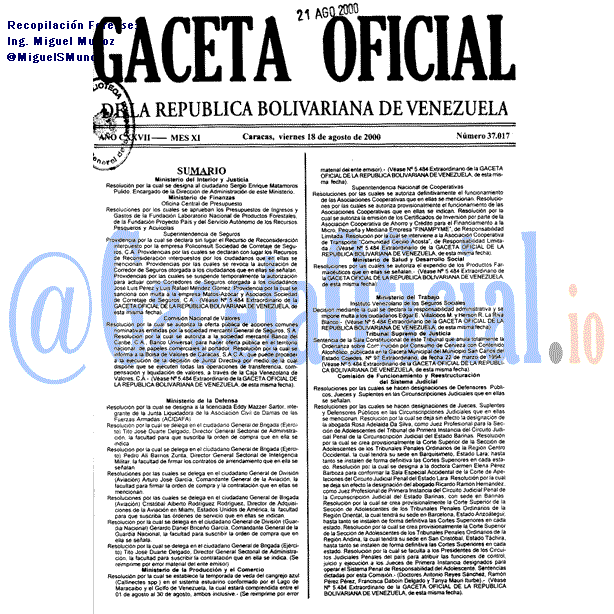 Gaceta Oficial 37017 del 18 Agosto 2000