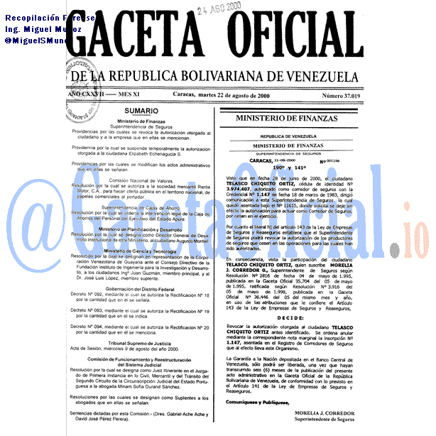Gaceta Oficial 37019 del 22 Agosto 2000