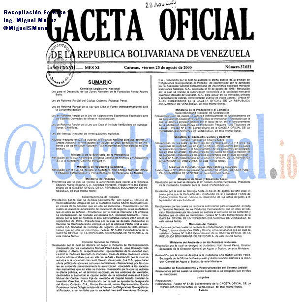 Gaceta Oficial 37022 del 25 Agosto 2000