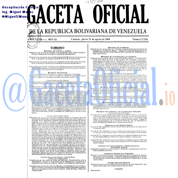 Gaceta Oficial 37026 del 31 Agosto 2000