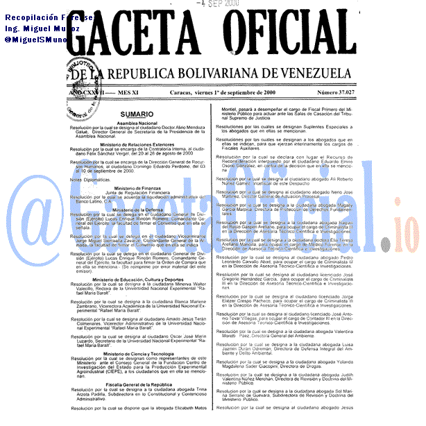 Gaceta Oficial 37027 del 1 Septiembre 2000