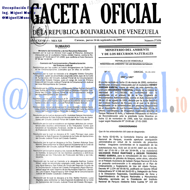 Gaceta Oficial 37036 del 14 Septiembre 2000