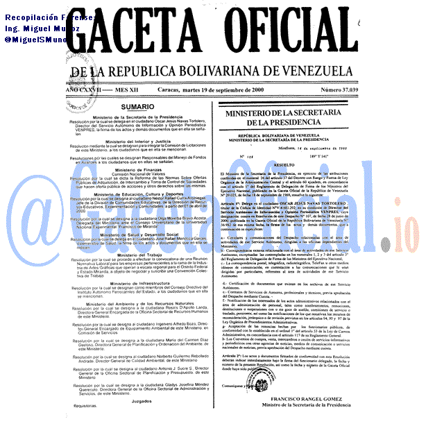 Gaceta Oficial 37039 del 19 Septiembre 2000