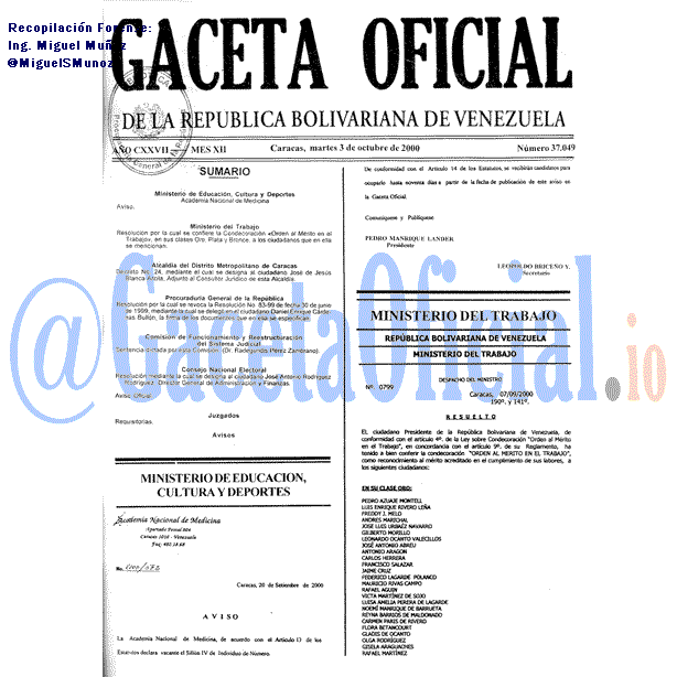 Gaceta Oficial 37049 del 3 Octubre 2000
