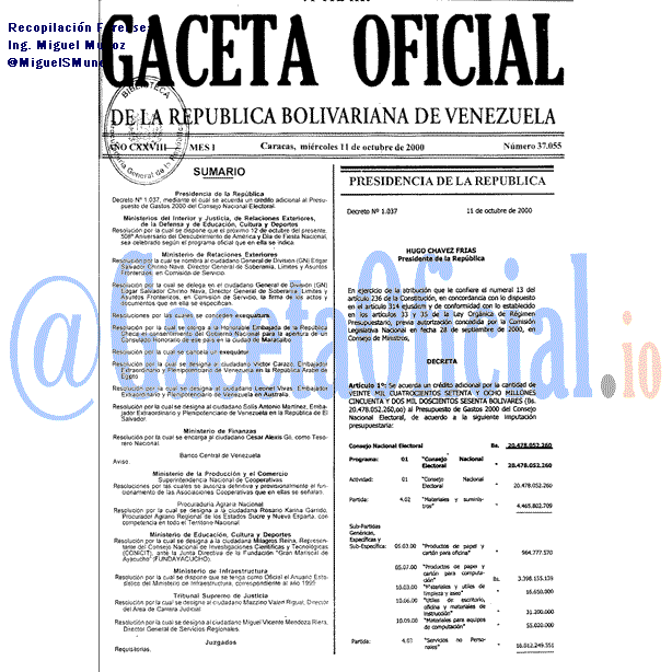Gaceta Oficial 37055 del 11 Octubre 2000