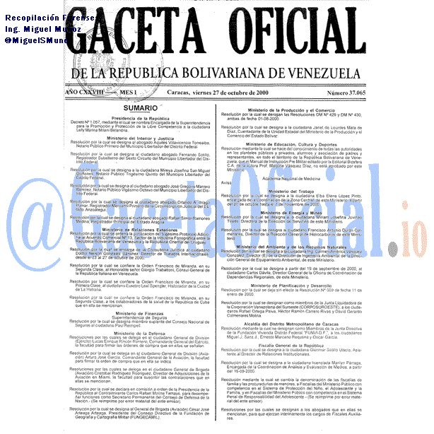 Gaceta Oficial 37065 del 27 Octubre 2000