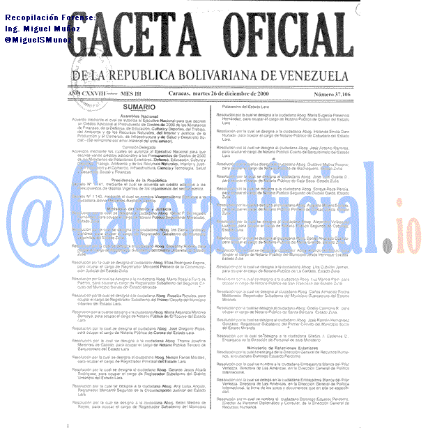 Gaceta Oficial 37106 del 26 Diciembre 2000