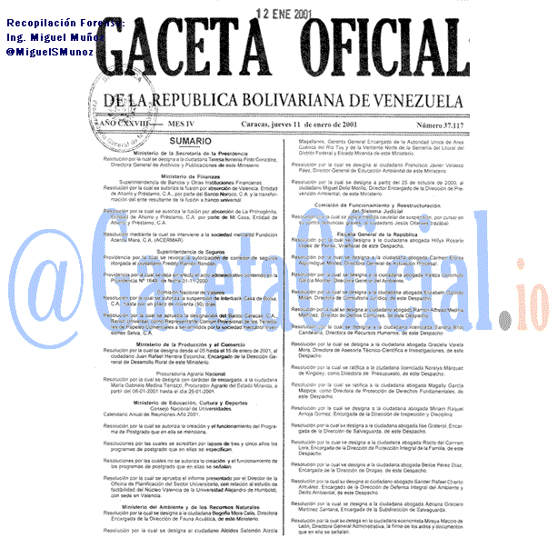 Gaceta Oficial 37117 del 11 Enero 2001