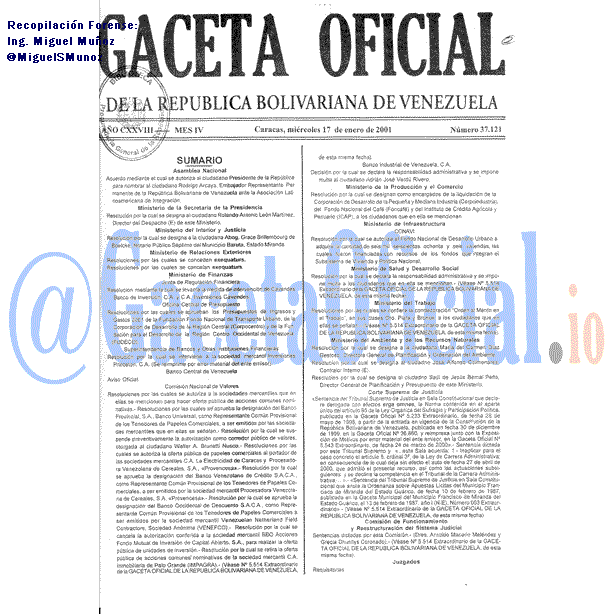 Gaceta Oficial 37121 del 17 Enero 2001
