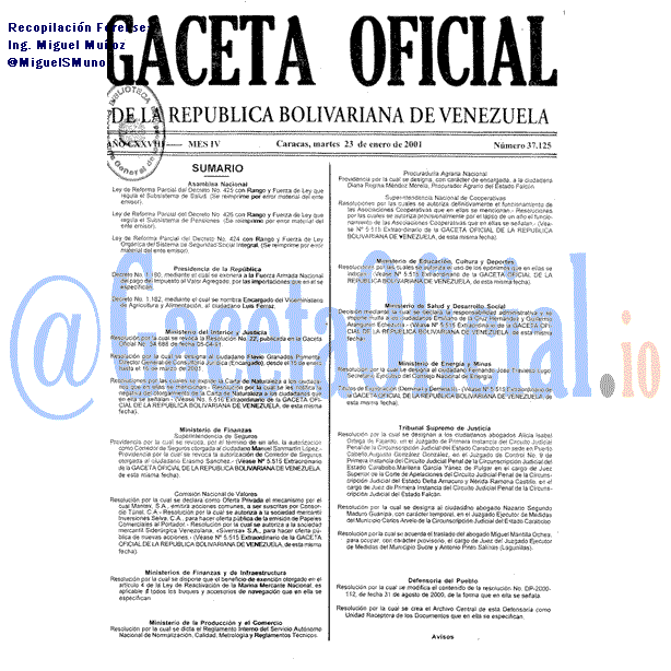 Gaceta Oficial 37125 del 23 Enero 2001